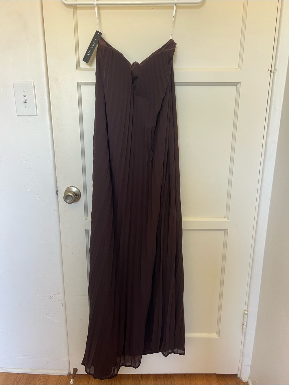 White Fox Boutique Chocolate Brown Pleated Strapless Maxi Dress